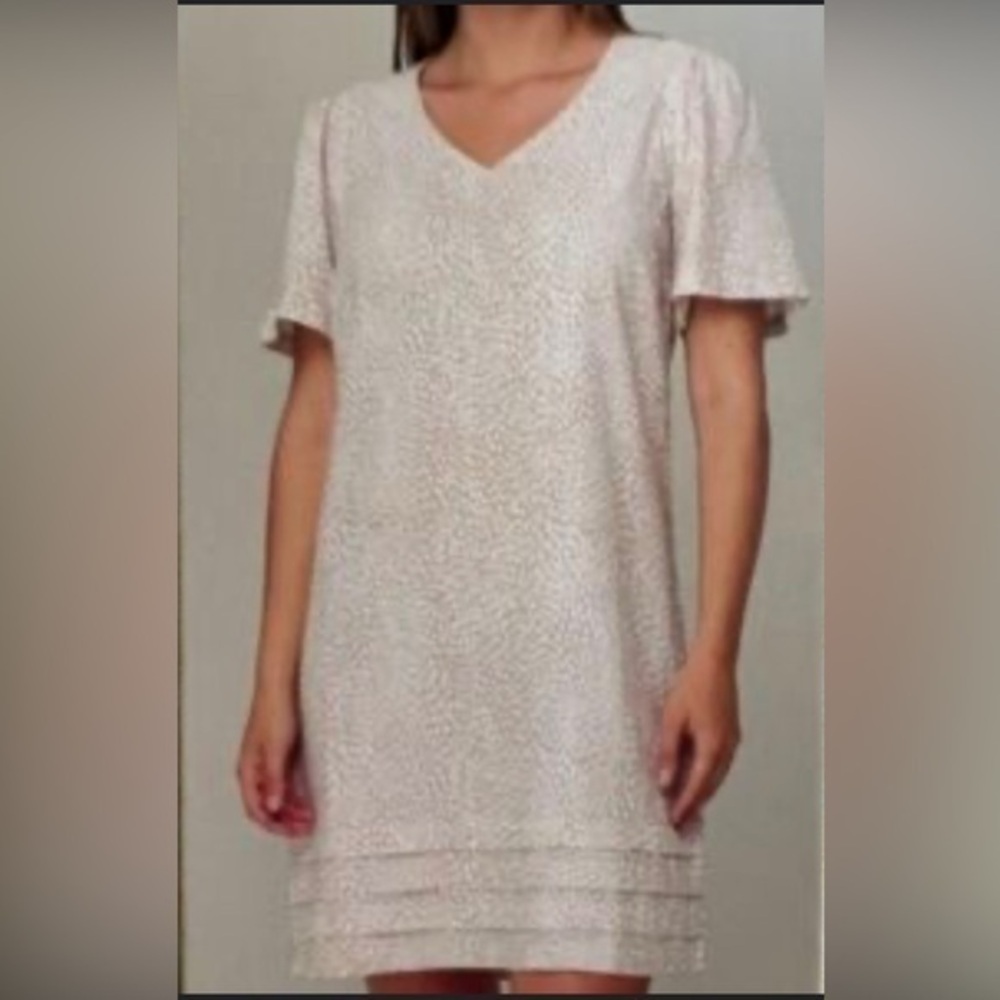 Original by Nicole Miller Linen Blend Short Sleeve Shift Dress Size L white/Tan